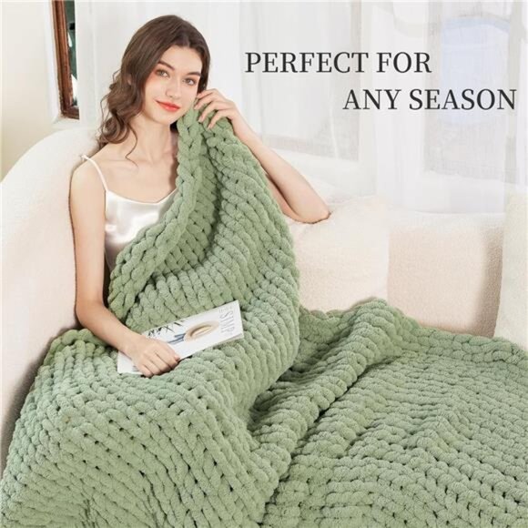 Chunky Knit Blanket Throw Chenille Soft Cozy Knitted Sofa Home Decor 51x63 Sage - Picture 4 of 7